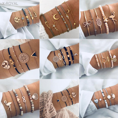 X-ROYAL Women Fashion Boho Turtle Heart Pearl Moon Shape Charm Bracelets Sets Lovers Gift Luxury Bohemian Style Female Bracelets