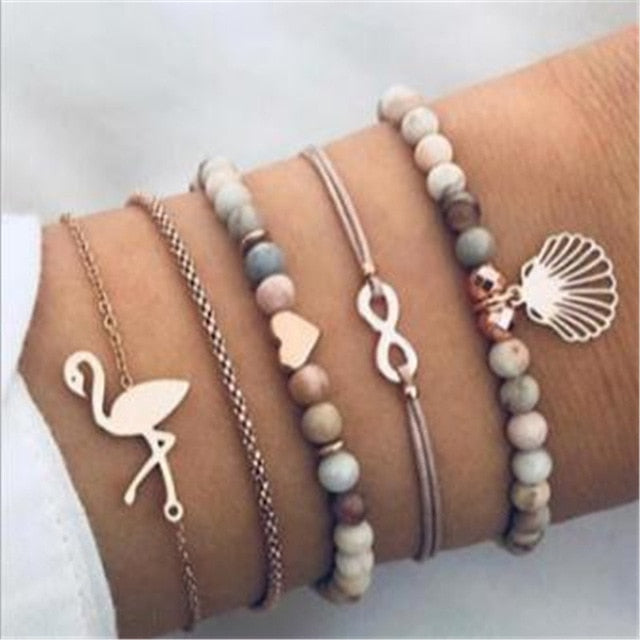 X-ROYAL Women Fashion Boho Turtle Heart Pearl Moon Shape Charm Bracelets Sets Lovers Gift Luxury Bohemian Style Female Bracelets